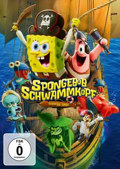 „Geballte Schwammintelligenz“ und „SpongeBob Schwammkopf: Piraten Ahoi!“ über großen, fröhlichen Gesichtern.