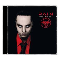"PAIN PSALMS OF EXTINCTION" in roten Buchstaben, darüber ein Logo. Ein ernst blickender Mann in rotem Hemd und Krawatte.