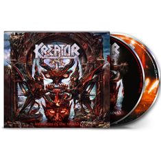 „Kreator“ und „Krushers of the World“. Illustration einer dämonischen Kreatur mit Flügeln und roten Augen.
