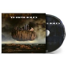 "Threshold", "Hypothetical". Illustration: Schwebende Insel mit futuristischen Gebäuden über einer stürmischen Meereslandschaft.