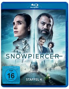 „Snowpiercer“ steht groß in der Mitte, darüber Gesichter, unten ein Zug auf Gleisen, links ein „FSK 16“ Zeichen.