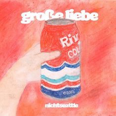 Hand hält eine rote Getränkedose mit der Aufschrift "große liebe", "nichtseattle". Illustrativer Stil.