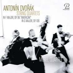 "Antonín Dvořák String Quartets, Merel Quartet" steht auf einer dynamischen Darstellung musizierender Streicher.