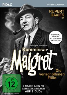 "Georges Simenon: Kommissar Maigret Die verschollenen Fälle" Text Overlay. Mann mit Pfeife, Hut, Anzug.