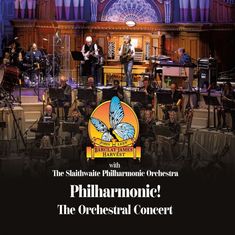 Text: "Philharmonic! The Orchestral Concert" mit Logo eines Schmetterlings, darunter ein Orchester mit Musikern auf einer Bühne.