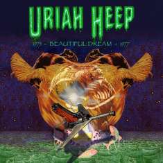 "URIAH HEEP 1975 - BEAUTIFUL DREAM - 1977"; bunte Illustration mit surrealem Flugzeug und Fischen vor leuchtendem Himmel.