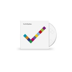 Text: "Yes, Pet Shop Boys." CD-Hülle mit buntem Häkchen aus farbigen Quadraten auf weißem Hintergrund.