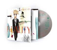 Texte: "DAVID BOWIE", "REALITY". Illustration: Person im Anzug, bunte, abstrakte Elemente im Hintergrund.
