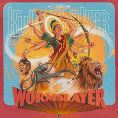 "WORMSLAYER", im Stil einer Vintage-Illustration, zeigt eine mehrarmige Figur mit Waffen und Helden umgeben von Löwe und Tentakeln.