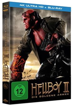 "FSK ab 12 freigegeben, Hellboy II: Die goldene Armee." Ein roter, muskulöser Charakter hält eine Waffe. 