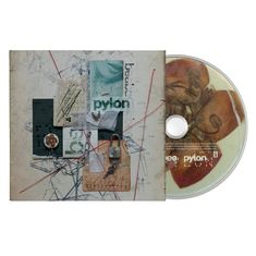 Texte: "pylon", "bee". Collage aus Papierstücken, Ketten, Fäden. CD mit braunem Muster rechts.