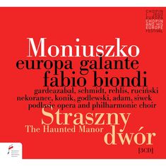 "Moniuszko, europa galante, fabio biondi, gardeazabal, Schmidt, rehlis, ruciński, Straszy dwór, The Haunted Manor." Rotes Design.