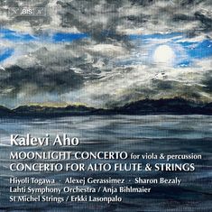 Titel: "Kalevi Aho". Dramatische Landschaft mit Vollmond, Wolken, Wasser und Berge.