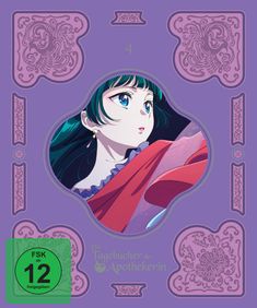 "Die Tagebücher der Apothekerin", FSK 12. Illustration: Frau mit grünen Haaren und rotem Gewand auf lila Hintergrund.