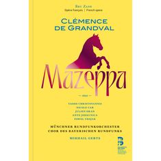 Text: "Clémence de Grandval, Mazeppa, 1892." Illustration: Pferd im Profil, gelber Hintergrund, lila-pinker Farbverlauf.