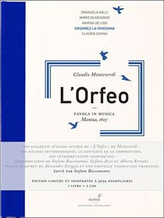 Text: 
Claudio Monteverdi
L’Orfeo
Favola in Musica
Mantua, 1607  
Illustration: Blaue und weiße Gestaltung mit Vögeln.
