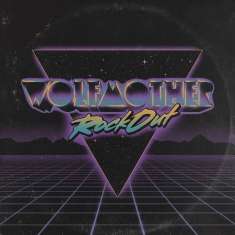 Text: "WOLF MOTHER Rock Out". Neonfarbenes Logo im Retro-Stil mit einem dreieckigen Raster und Sternenhintergrund.