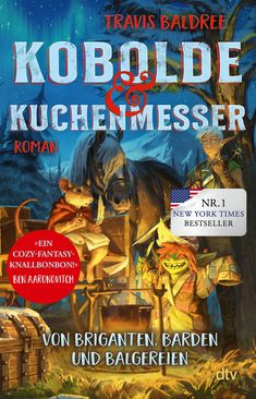 Buchtitel: "Kobolde & Kuchenmesser". Darunter: "Roman". Szene: Maus schreibt, Kobold kocht, Elf und Pferd im Wald.