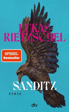 „LUKAS RIETZSCHEL“, „SANDITZ“, „ROMAN“. Ein Adler in dunklen Brauntönen vor einem hellblauen Hintergrund. Logo „dtv“.