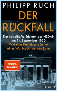„PHILIPP RUCH DER RÜCKFALL“, „Der rätselhafte Triumph der NSDAP“, „SPIEGEL Bestseller-Autor“. Negativbild des Brandenburger Tors.
