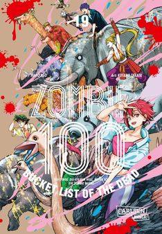 "Zombie 100: Bucket List of the Dead," Band 19, zeigt bunte Charaktere auf Tieren mit Farbspritzern.