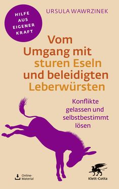 „Vom Umgang mit sturen Eseln und beleidigten Leberwürsten“, Illustration eines springenden Esels, lila auf beige.