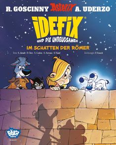 "Band 9 - Vorläufiges Cover" oben. Illustration: Idefix mit drei anderen Tieren, springend vor einem blauen Hintergrund.