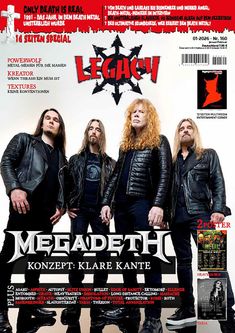 Titelseite eines Magazins: Legacy, Megadeth im Fokus, Konzept: Klare Kante, inklusive 18-seitigem Special zu Death Metal.