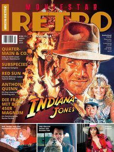 MOVIESTAR RETRO, April/Mai 2026, "Indiana Jones". Illustration mit Abenteuerszenen und verschiedenen Filmfiguren.