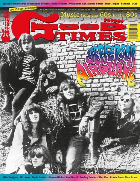 Titel: Good Times. Bands: Jefferson Airplane, Queen, CCR. Schwarz-weißes Foto mit einer Gruppe vor einer Backsteinmauer.