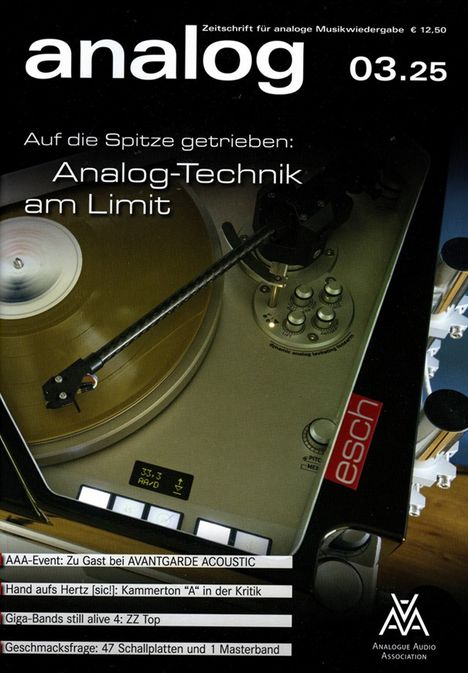 „analog“ 03.25 Zeitschrift für analoge Musikwiedergabe. Plattenspieler-Illustration mit Texten über Analog-Technik.