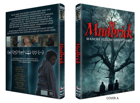 "Mudbrick. Manche Flüche sind vererbt." zeigt düstere Bäume und Silhouetten. Rückseite: Text über ein vererbtes Haus.