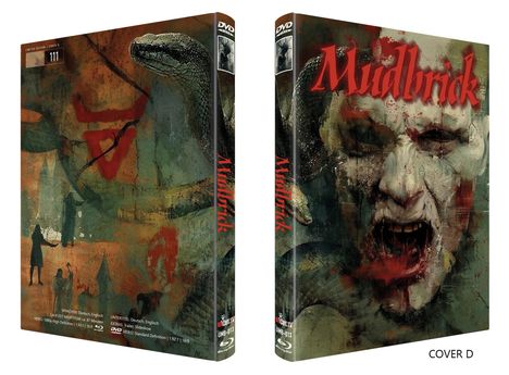 Titel "Mudbrick" in roter Schrift. Links eine Illustration mit Schlange, rechts ein schreiendes Gesicht.