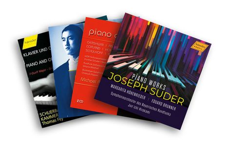 "Klavier und Orchester", "Piano Concerto", "JOSEPH SUDER", Grafik eines bunten Klaviers, vier CD-Cover überlappend.