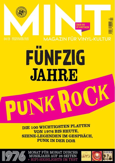 "Fünfzig Jahre Punk Rock. Logo: MINT Magazin für Vinyl-Kultur. Text über Punk-Geschichte, Szene und DDR. Buntes Design."