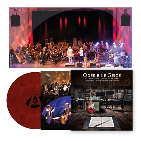 „Oder eine Geige“ - Konzertszene mit Orchester und Band auf der Bühne, eine rote Schallplatte und eine Gitarre auf einem Notenblatt.