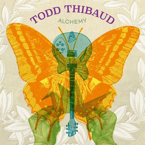 Text: "TODD THIBAUD ALCHEMY". Illustration: Eine Gitarre mit Schmetterlingsflügeln über grünen Händen.