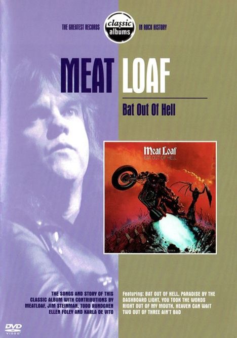 Meat Loaf: Bat Out of Hell. Illustration eines Motorradfahrers vor einem roten Himmel. Links unscharfes Porträt.