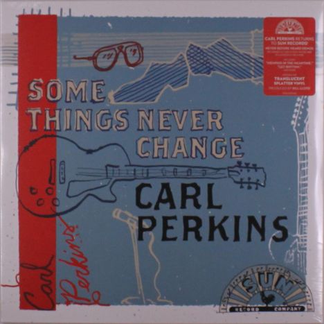 "Some Things Never Change" und "Carl Perkins" sind in einem Retro-Design mit einer Gitarre und einem Mikrofon dargestellt.