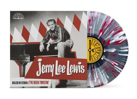 Text: "Jerry Lee Lewis", "Killer in Stereo: I've Been Twistin'". Ein Mann lehnt an einem Klavier, daneben eine bunte Schallplatte.