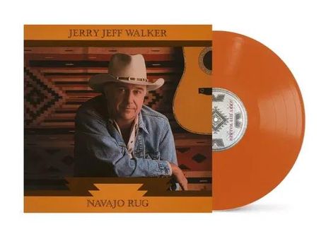 "Jerry Jeff Walker" und "Navajo Rug". Ein Mann mit Cowboyhut, Gitarre im Hintergrund, orangefarbene Schallplatte.