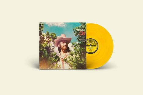 "Duane Betts: Wild & Precious Life" in Großbuchstaben. Eine gelbe Vinylplatte neben einem Albumcover mit Cowboyhut-Motiv.