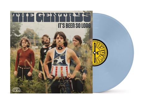 "The Gentrys," "It's Been So Long" ist zu lesen. Vier Männer stehen in einem Feld, einer trägt ein USA-Oberteil. Eine blaue Schallplatte mit gelbem Label.