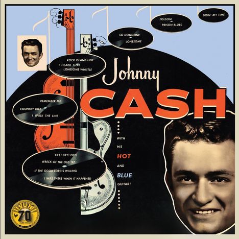 Text: "Johnny Cash", "Folsom Prison Blues", "I Walk the Line". Illustration: Gitarre und Porträt eines lächelnden Mannes.