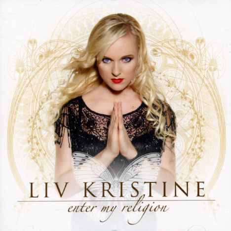 "LIV KRISTINE enter my religion" vor einer Frau mit blonden Haaren und gefalteten Händen, umgeben von goldenen Mustern.