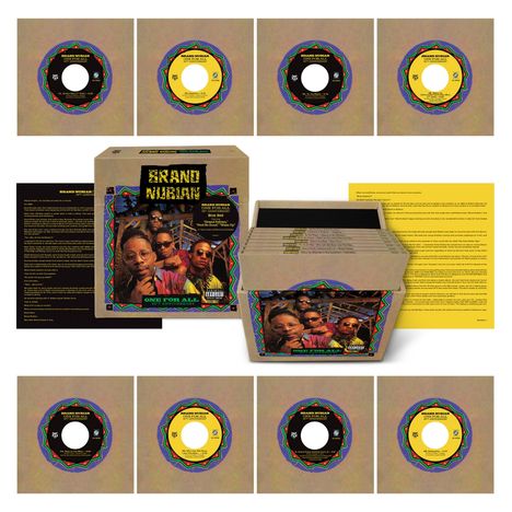 "Brand Nubian One For All" auf Box und Schallplattenhüllen. Eine offene Box enthält mehrere Schallplatten.