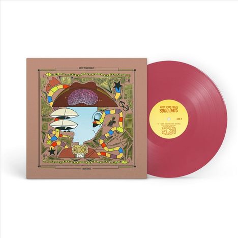 Text: "West Texas Exiles", "8000 Days", "Side A", "TX".  
Illustration: Bunte, abstrakte Formen, Gesicht mit Hut.  
Vinyl: Rot.