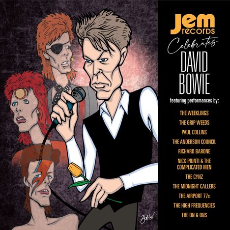 Jem Records feiert David Bowie. Illustration von Bowie-Auftritten und Musikern wie The Weeklings und The Grip Weeds.