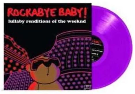 "ROCKABYE BABY! lullaby renditions of the weeknd" in orange Text. Illustration mit Bär und violettem Vinyl.