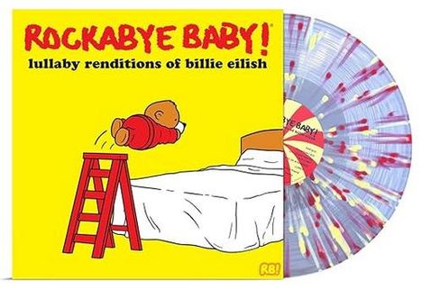 "ROCKABYE BABY! Lullaby renditions of Billie Eilish." Illustration: Teddybär springt mit rotem Anzug von Leiter auf Bett.